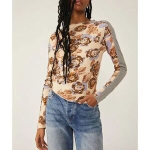 Free People We The Free Mash Up Floral Printed Tee Top Long Sleeves S New 233802